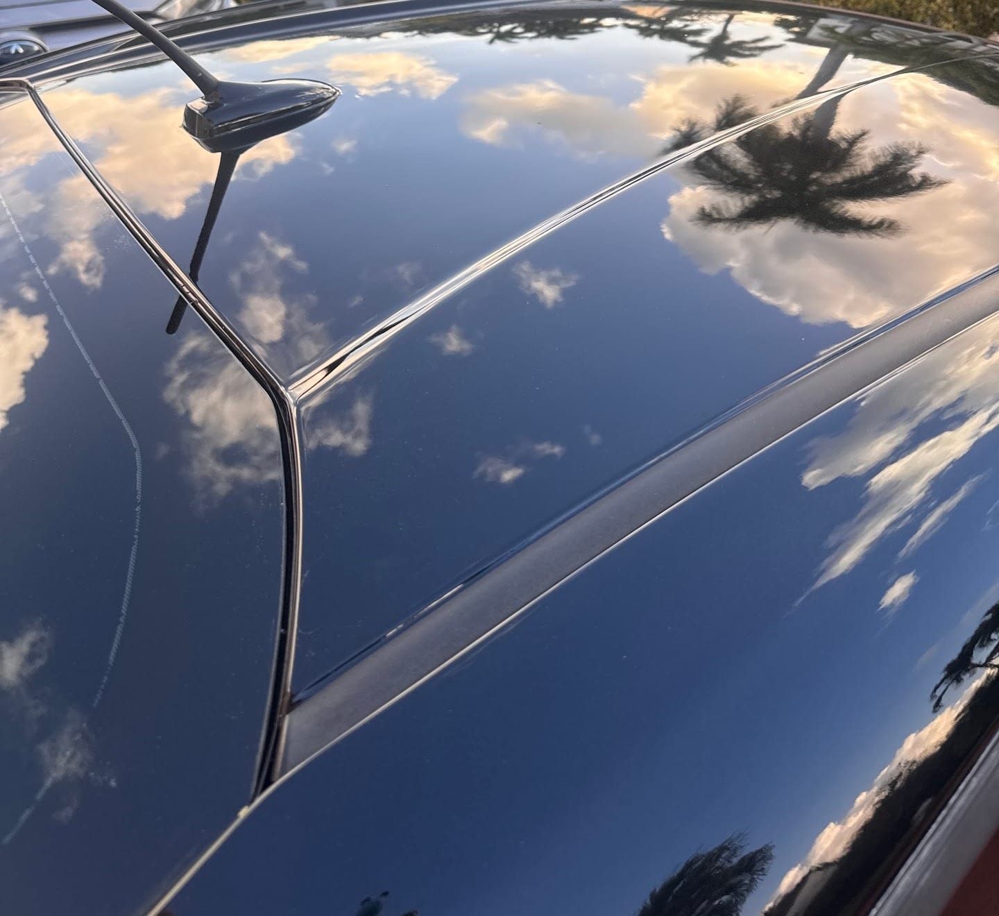 Black roof of a customer's repainted Subaru BRZ, so glossy it reflects palm trees and clouds