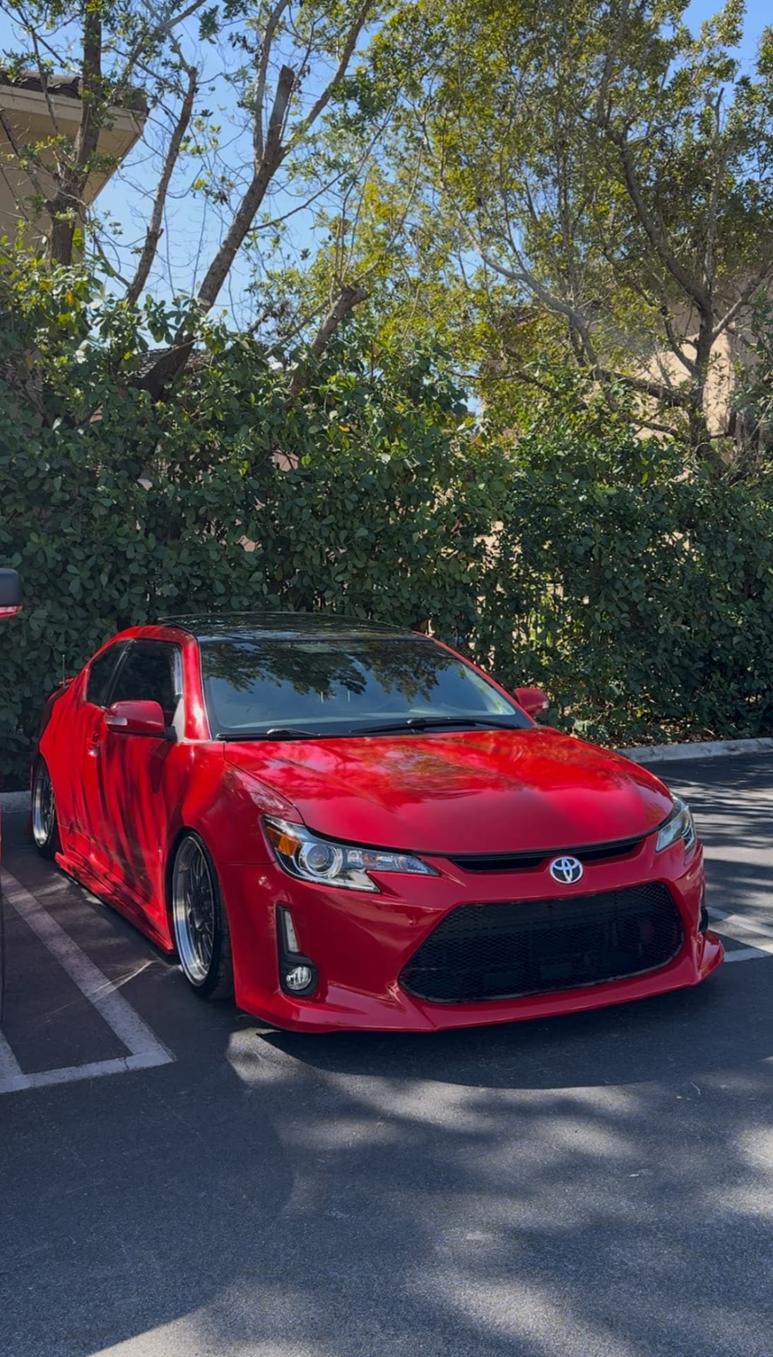 Red Scion tC parked, front view, freshly finished paint